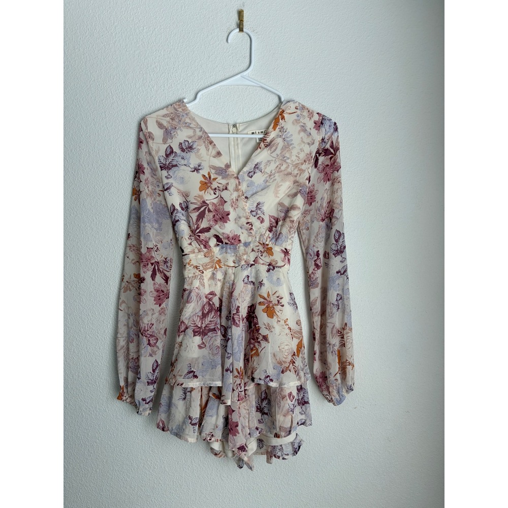 Miami Floral Long Sleeve Ruffle Romper Cream Purple Orange XS